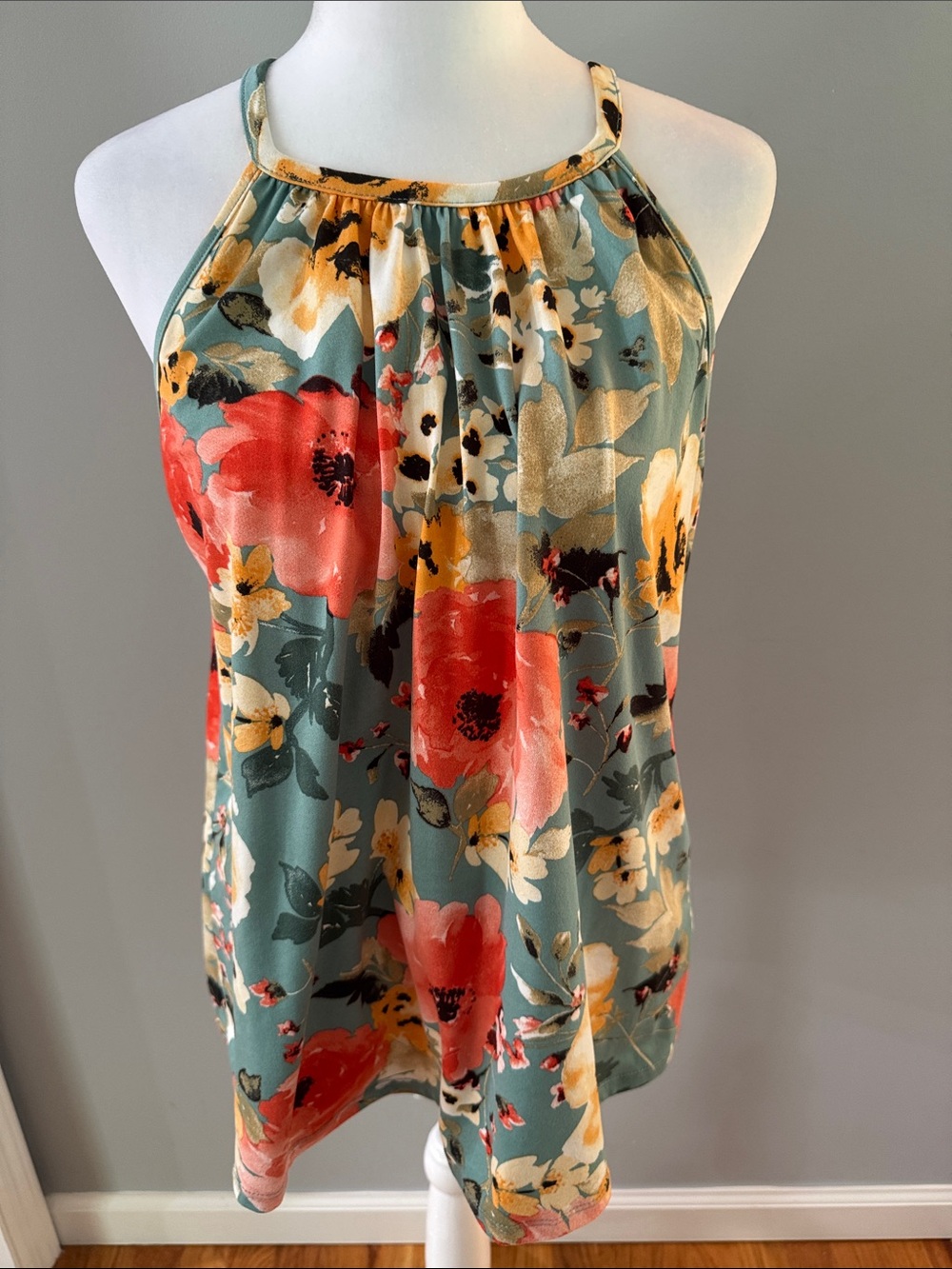 Papermoon Teal Halter Camisole with Coral & Yellow Floral Print
